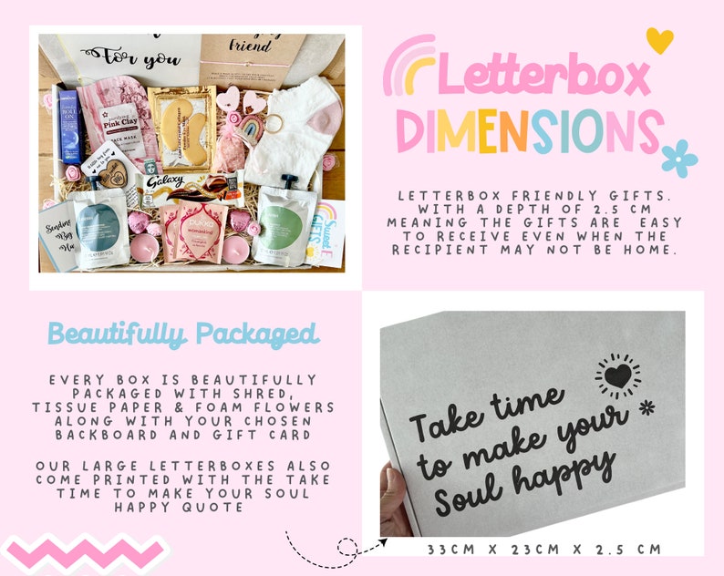 Pu&ograve; includere: Una scatola regalo adatta alle cassette postali, piena di vari articoli, tra cui prodotti da bagno, candele e un piccolo peluche. La scatola &egrave; decorata con un motivo a zig-zag rosa e bianco e il testo "Prenditi il ​​tempo per rendere la tua anima felice". La scatola misura 33 cm x 23 cm x 2,5 cm.