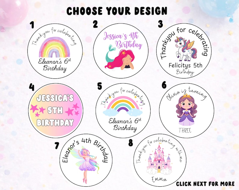 K&ouml;nnte beinhalten: Acht kreisf&ouml;rmige Aufkleberdesigns, nummeriert von 1 bis 8, mit verschiedenen Illustrationen wie Regenbogen, Meerjungfrau, Einhorn, Sternen, Prinzessin, Fee und Schloss. Jeder Aufkleber enth&auml;lt personalisierten Geburtstagstext wie Eleanor's 6th Birthday.