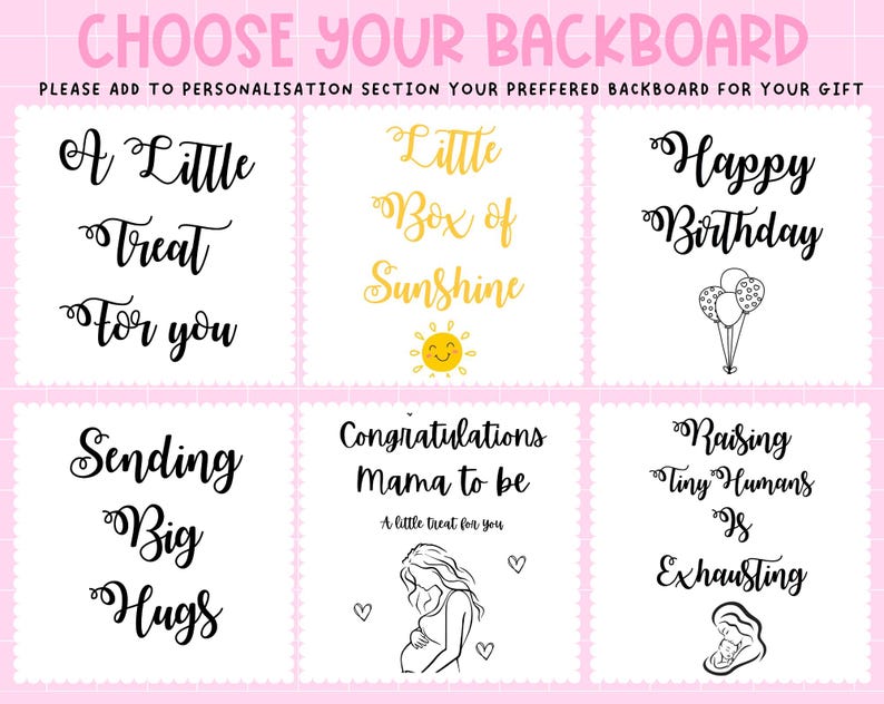 K&ouml;nnte beinhalten: Eine rosa-wei&szlig;e Grafik mit Textoptionen f&uuml;r Geschenk-R&uuml;ckw&auml;nde. Textoptionen sind "A Little Treat For You", "Little Box of Sunshine", "Happy Birthday", "Sending Big Hugs", "Congratulations Mama to be" und "Raising Tiny Humans Is Exhausting".