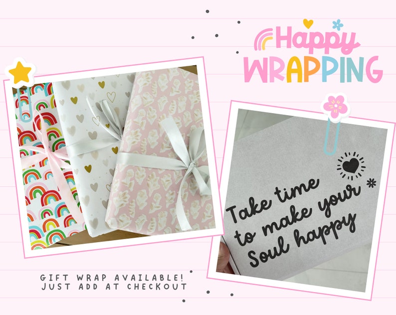May include: Three gift boxes wrapped in colorful paper with ribbons. The boxes are on a pink and white striped background. The text "Happy Wrapping" is in the upper right corner of the image. The text "Take time to make your Soul happy" is on a gray box in the lower right corner of the image.