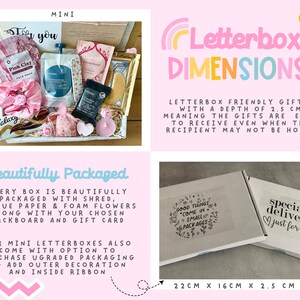 May include: A mini gift box filled with beauty products, a chocolate bar, and decorative items. The box includes a face mask, lotion, and a hair scrunchie. The text on the box says "Letterbox Dimensions" and "Beautifully Packaged". The box dimensions are 22 cm x 16 cm x 2.5 cm.