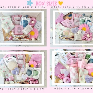 K&ouml;nnte beinhalten: Vier Geschenkboxen mit verschiedenen Artikeln, darunter Socken, Gesichtsmasken und dekorative Blumen. Die Boxen sind mit MINI (22 x 16 x 2,5 cm), MIDI (33 x 23 x 2,5 cm), MAXI (33 x 23 x 2,5 cm) und MEGA (30 x 25 x 10 cm) beschriftet. Die Boxen enthalten den Text "Pink Clay" und "Galaxy".
