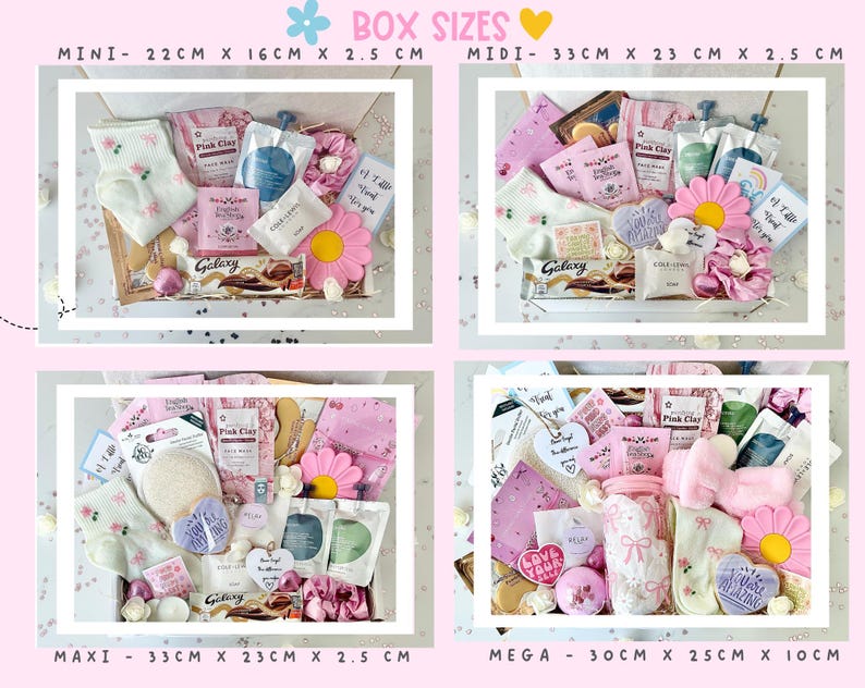 K&ouml;nnte beinhalten: Vier Geschenkboxen mit verschiedenen Artikeln, darunter Socken, Gesichtsmasken und dekorative Blumen. Die Boxen sind mit MINI (22 x 16 x 2,5 cm), MIDI (33 x 23 x 2,5 cm), MAXI (33 x 23 x 2,5 cm) und MEGA (30 x 25 x 10 cm) beschriftet. Die Boxen enthalten den Text "Pink Clay" und "Galaxy".