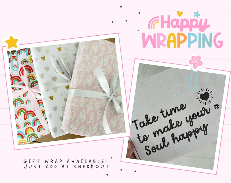 May include: Three gift boxes wrapped in colorful paper with ribbons. The boxes are on a pink and white striped background. The text "Happy Wrapping" is in the upper right corner of the image. The text "Take time to make your Soul happy" is on a gray box in the lower right corner of the image.