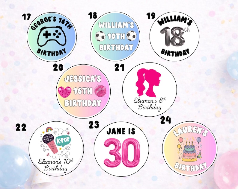 K&ouml;nnte beinhalten: Eine Sammlung von acht runden Aufklebern mit verschiedenen Geburtstagsmotiven. Die Designs umfassen einen Gaming-Controller, Fu&szlig;b&auml;lle, silberne Luftballons, ein rosa Herz, eine Discokugel, eine Silhouette, ein Mikrofon und eine Geburtstagstorte.