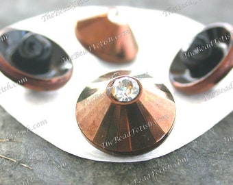 4 ~ Vintage 17mm Pressed Glass Bronze Plated Buttons with Center Crystal Rhinestone,  Bohemian Vintage Glass Buttons  VB-137