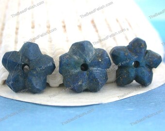 3 ~ Vintage 1970's Primitive Hand Tooled Rough Cut Natural Undyed Tribal Lapis Lazuli Flower Beads, Blue Semi Precious Stone Beads VB-673-2