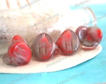 Vintage Glass Beads, Vintage West German Givre' Creamy Red & Smokey Gray Pressed Glass Flower Beads, Two-Toned Vintage Beads VB-564