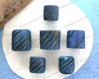 6 ~ Vintage 1970's Hand Tooled Rough Cut Natural Undyed Tribal Lapis Lazuli Spiral Cut Barrel Beads Blue Semi Precious Stone Beads VB-673-7