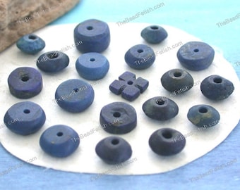 18 ~ Vintage 1970's Primitive Hand Tooled Rough Cut Natural Undyed Tribal Lapis Lazuli Disc Beads, Blue Semi Precious Stone Beads VB-673-3