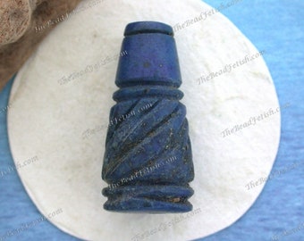 1 ~ Vintage 1970's Hand Tooled Rough Cut Natural Undyed Tribal Lapis Lazuli Etched Cone Bead Dark Blue Semi Precious Stone Bead  VB-673-9