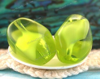 2 ~ 14 x 12mm Vintage 1950's West German Givre Transparent & Opaque Lime Green Chunky Pinched Oval Pressed Glass Beads  VB-723