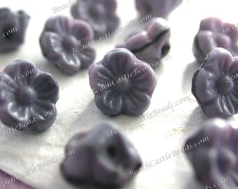Vintage Beads, 8mm Vintage Pressed Glass Givre' Opaque Purple and Black Glass Beads, Vintage Flower Beads, Purple Flower Buttons  VB-096