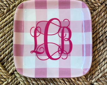 Pink Gingham Personalized Ceramic Jewelry Tray