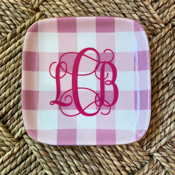 Pink Gingham Personalized Ceramic Jewelry Tray