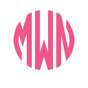 May include: Pink monogram with the letters MWN in a circle.