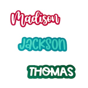 May include: Three colorful name labels with white lettering. The top label is red and says "madison". The middle label is teal and says "jackson". The bottom label is green and says "thomas".