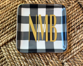 Dark Navy/Black Gingham Personalized Ceramic Jewelry Tray