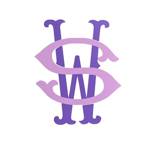 May include: Purple and light purple interlocking monogram letters "S" and "W" with decorative flourishes.