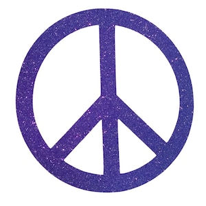 May include: A circular peace sign emblem featuring a vibrant purple glitter finish. The design consists of a solid outer ring with a vertical line and two diagonal lines meeting in the center, all covered in a sparkling, textured purple material.