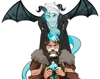 May include: Digital illustration of two fantasy characters. One is a bearded figure holding a glowing blue flower. Above him, a blue-skinned demon with horns and wings hovers, with glowing blue energy emanating from his hands.