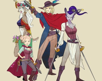 May include: An illustration of four fantasy characters. The characters are diverse, with varying skin tones, horns, and animal features. They are dressed in a mix of fantasy and historical clothing, holding weapons like swords and a pistol. The color palette includes reds, blues, and purples.