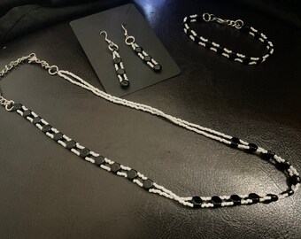 Black and white hexagon set, black and white beaded three piece set, black and white necklace and bracelet and earrings