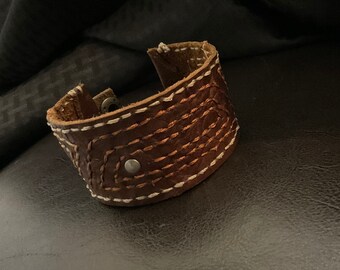 Stitched leather cuff, hand stitched cuff, leather snap cuff, leather bracelet,leather jewelry, handmade jewelry