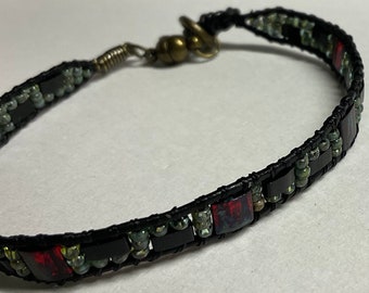 Tila beaded bracelet, dainty stain glass bracelet, red black and green beaded bracelet, magnetic Tila bracelet