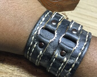 thumbnail image 2 of Edgy Punk Leather Cuff Bracelet For Men - Double Wrap Studded Wristband, Vintage Black 2 of 6