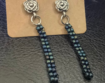 Black rainbow rose earrings, beaded stud earrings, black rainbow earrings