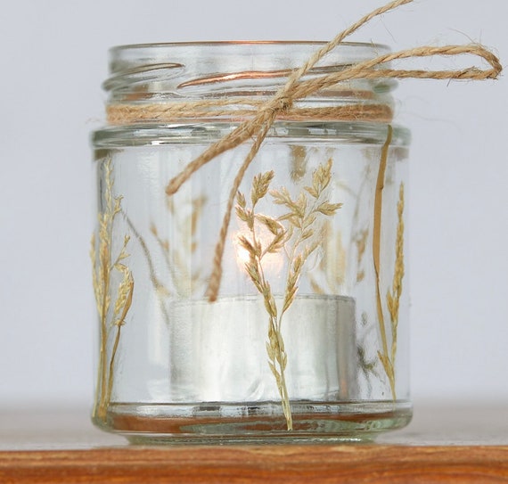Pressed Flower Jar Lantern Mason Jar Wild Grasses Jar Candle