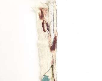 Hand-Felted Wall Hanging – Yellows & Greens with Lace Silk Embroidery Driftwood Mount – One-of-a-Kind Eco Textile Art