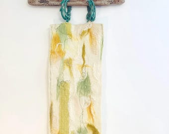 Hand-Felted Wall Hanging – Yellows & Greens with Lace Silk Embroidery Driftwood Mount – One-of-a-Kind Eco Textile Art