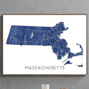 Massachusetts Wall Art Print and Massachusetts Map Poster with MA State Roads for Massachusetts Gift and Massachusetts Maps