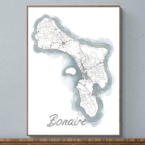 Bonaire Island Map Print Poster, Blue Watercolor Style Design Wall Art, ABC Islands Caribbean Contour Maps