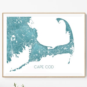 Cape Cod Map, Wand Kunst Druck Poster, Türkise Topographische Karte von Cape Cod Halbinsel Massachusetts Street Straßen Karten, Provinztown MA USA