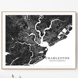 Charleston Art Prints, Charleston South Carolina City Street Map Print, Black and White Map of Charleston SC Poster, Downtown Harbor Area