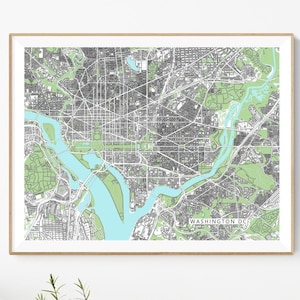 Impression d'art carte Washington DC avec bâtiments, carte de Washington DC affiche plan des rues de la ville, district de Columbia, district fédéral des États-Unis