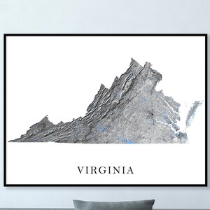 Virginia Map Print, Virginia State Map of Virginia Wall Art Prints, Black and White Topographic Virginia Print, Norfolk, Virginia Beach