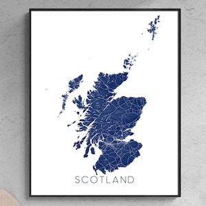 Impression de carte d'Ecosse de l'Ecosse, affiche d'Ecosse 24 x 36, cartes d'Ecosse de paysage bleu pour la décoration murale, souvenir d'Ecosse, Édimbourg