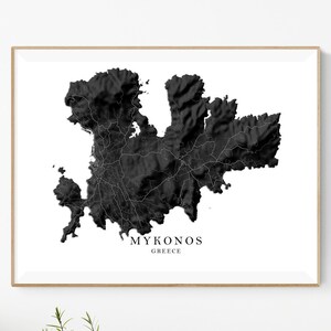 Mykonos Griechische Inseln Karte Druck Poster, Griechenland Insel Wandkunst Drucke, Schwarzweiße Landschaftskarten, Chora Stadt, die Kykladen