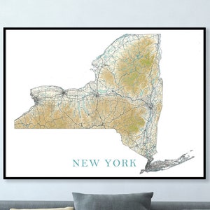 Affiche impression carte de New York, décoration murale de l'état de New York, affiches d'art paysager et impressions, cartes routières des États-Unis