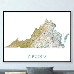 Art de la carte topographique de la Virginie, carte de l'état de la Virginie paysage de la Virginie affiche impression, cartes routières d'art mural côtier beige vert bleu, Virginia Beach