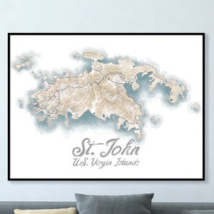St John USVI Aquarell Design Stil Konturkarte Wand Kunst Druck Poster, St John Amerikanische Jungferninseln Topographische Straßenkarten