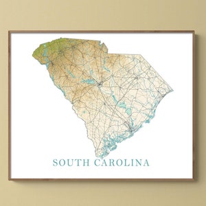 South Carolina Map Art Print Poster, Topographic Landscape Map of South Carolina State Road Maps for Wall Decor