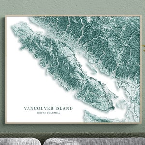 Impression d'art mural de carte topographique de l'île de Vancouver ou affiche avec les îles Gulf, Tofino, Nanaimo, Victoria BC, Canada