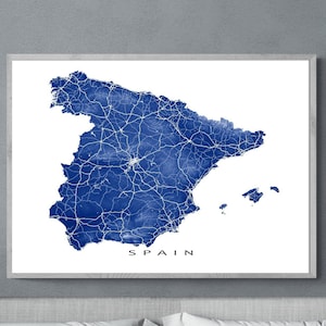Spain Map Art Poster, Map of Spain Print, Spain Wall Art Country Maps, Madrid Barcelona Mallorca Ibiza Travel Gifts