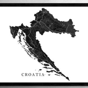 Affiche impression d'art mural carte Croatie, impression 3D paysage topographique noir et blanc, cartes des pays de l'Europe, Zagreb Dubrovnik Split Hvar