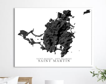 Saint Martin Island Map Print Poster, Black and White Topographic Map of Saint-Martin Sint Maarten Wall Art Prints, Caribbean Islands Maps